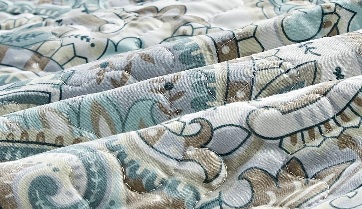 3-Piece Fine Printed Oversize (100" X 95") Quilt Set Reversible Bedspread Coverlet QUEEN SIZE Bed Cover (Pale Blue, Grey, Paisley)