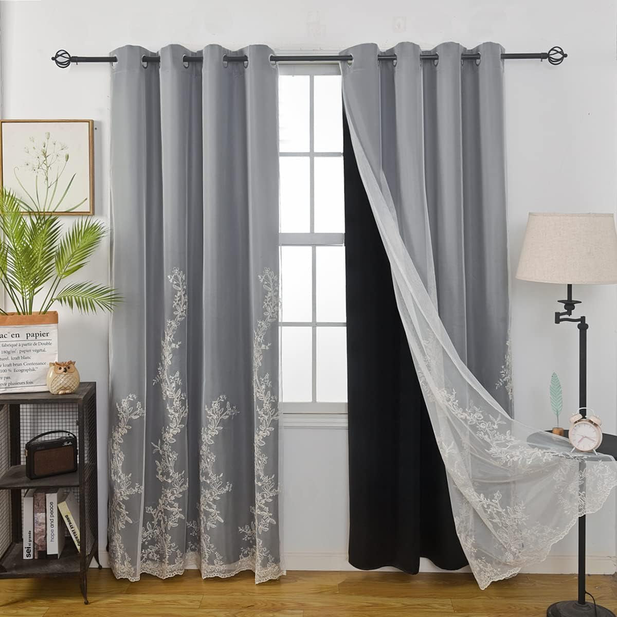 GYROHOME Double Layered Curtains with Embroidered White Sheer Tulle, Mix and Match Curtains Room Darkening Grommet Top Thermal Insulated Drapes,2Panels,52X84Inch,Beige  GYROHOME Black 52Wx63Lx2 