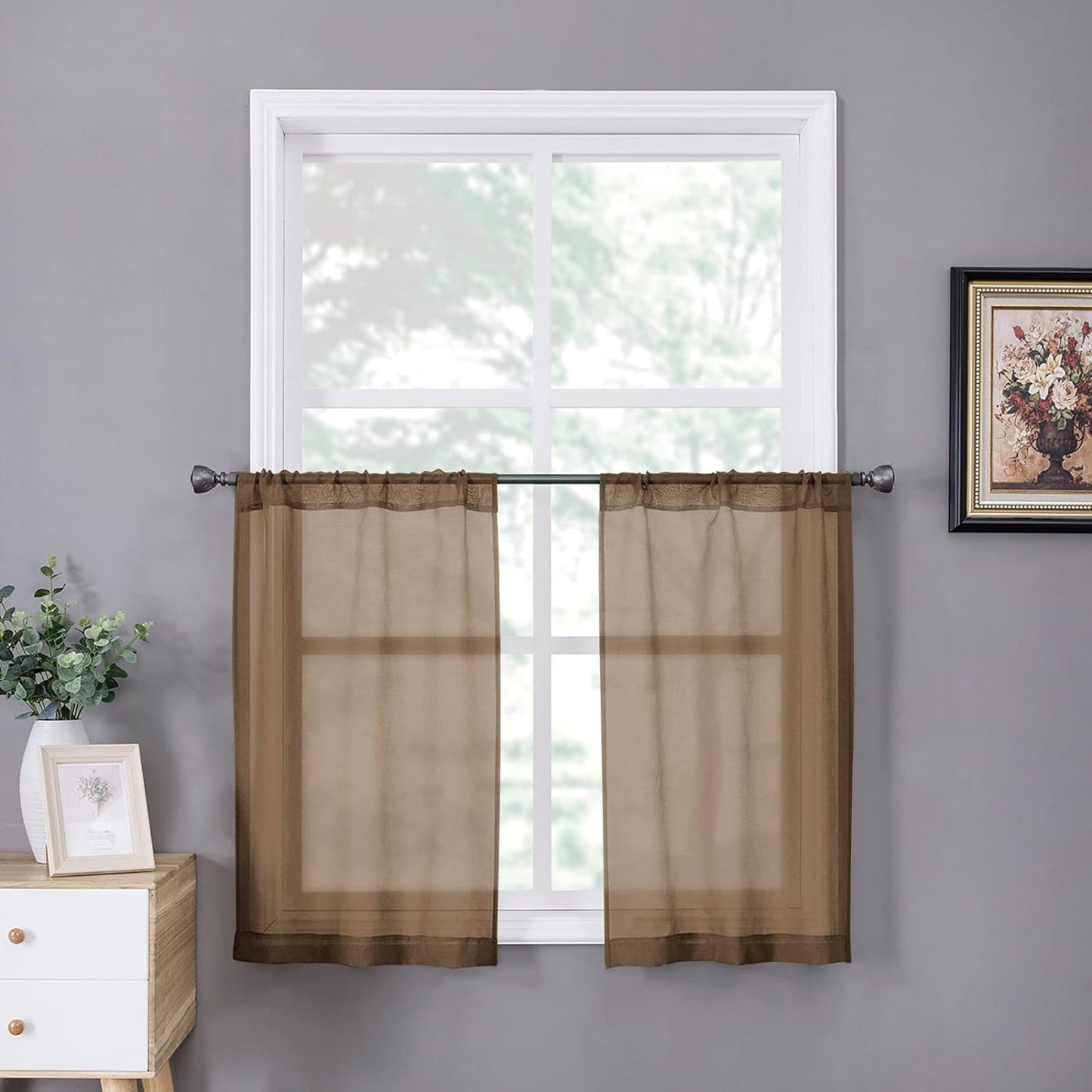 Tollpiz Short Sheer Curtains Linen Textured Bedroom Curtain Sheers Light Filtering Rod Pocket Voile Curtains for Living Room, 54 X 45 Inches Long, White, Set of 2 Panels  Tollpiz Tex Brown 25"W X 24"L 