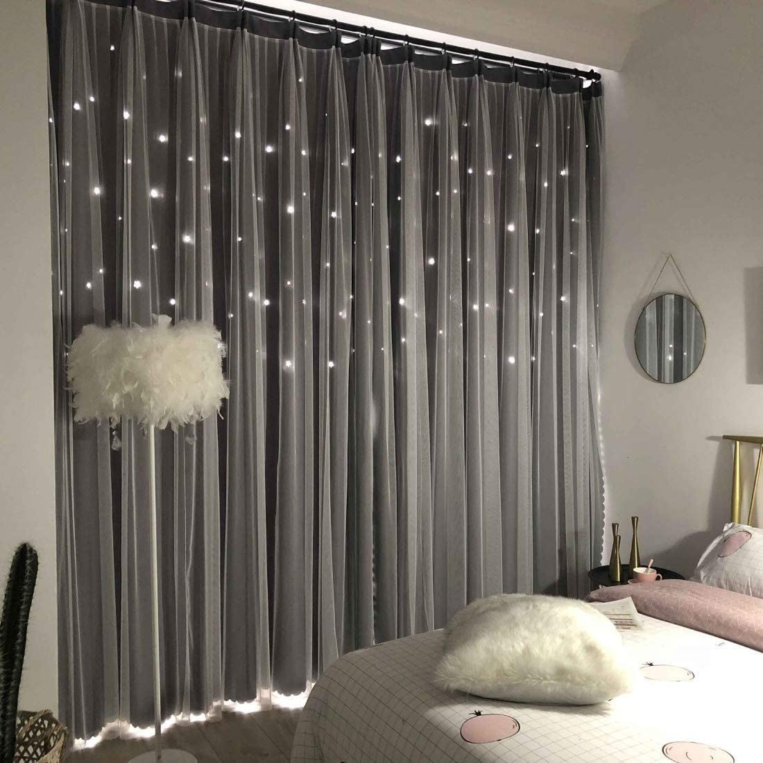 UNISTAR 2 Panels Stars Blackout Curtains for Bedroom Girls Kids Baby Window Decoration Double Layer Star Cut Out Aesthetic Living Room Decor Wall Home Curtain,W52 X L63 Inches,Pink  UNISTAR 2Panels 丨Double-Layer,Grey 63.00" X 52.00" 