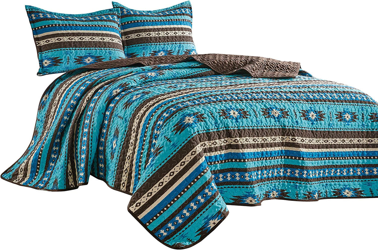 3-Piece Printed Oversize Queen Size Quilt Set, All-Season Bedspread, Native American Tribal Navajo Pattern Coverlet with Pillow Shams Bed Cover (Turquoise Blue, Brown, Khaki, Southwestern)