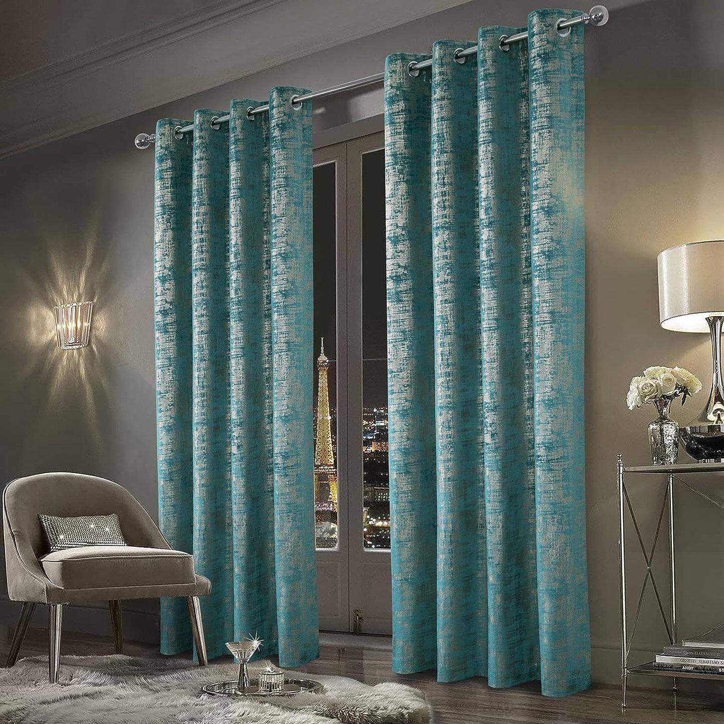 Always4U Soft Velvet Curtains 95 Inch Length Luxury Bedroom Curtains Gold Foil Print Window Curtains for Living Room 1 Panel White  always4u Teal (Gold Print) 2 Panels: 52''W*95''L 