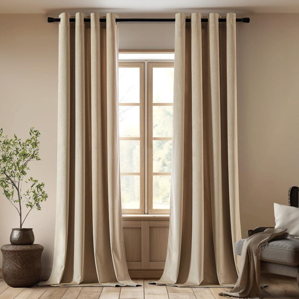 EMEMA Olive Green Velvet Curtains 84 Inch Length 2 Panels Set, Room Darkening Luxury Curtains, Grommet Thermal Insulated Drapes, Window Curtains for Living Room, W52 X L84, Olive Green  EMEMA Velvet/ Camel Beige W52" X L96" 