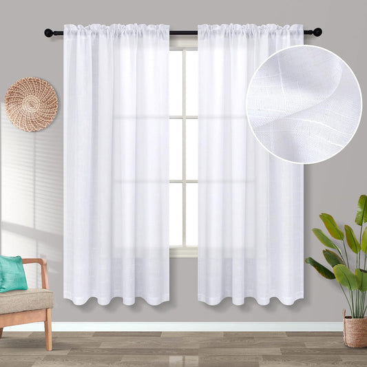 White Linen Textured Curtains 63 Inch Length for Bedroom 2 Panels Set Farmhouse Boho Decor Rod Pocket Pure White Light Filtering Semi Sheer Curtain Drapes 63 Inches Long for Living Room Dining Room  KOUFALL TEXTILE   