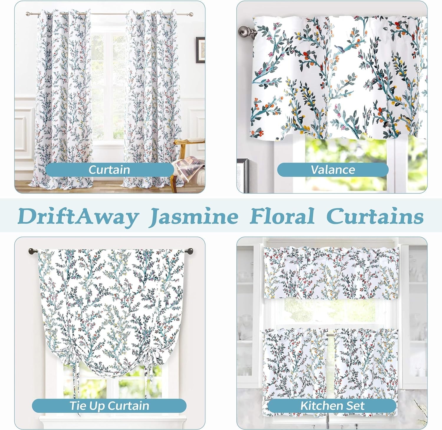 Driftaway Jasmine Watercolor Branch Botanical Thermal Insulated Energy Saving Window Curtain Valance for Living Room Bedroom Kitchen 2 Layers 52 Inch by 18 Inch plus 2 Inch Header Multi 1 Pack