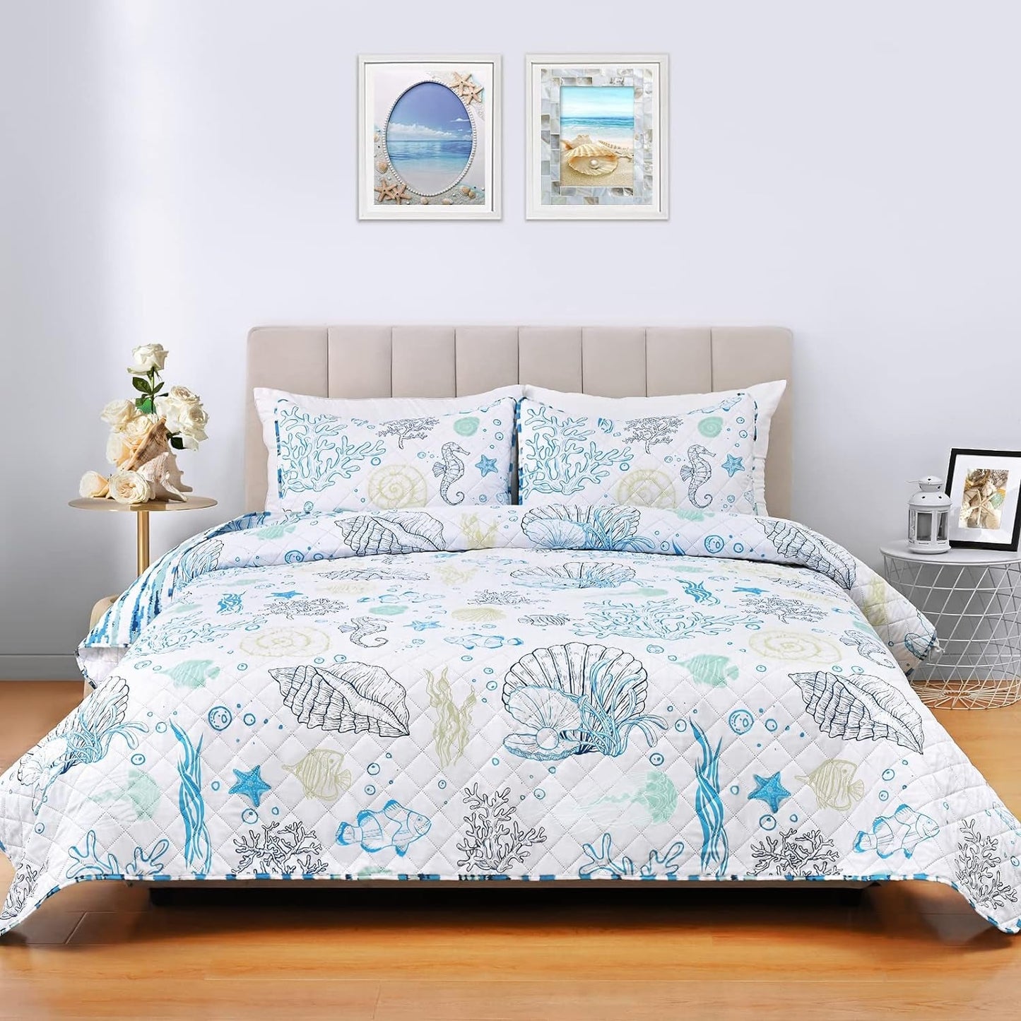 3 Pieces Reversible Quilts King Size Ocean Quilts Lightweight Beach Quilt Sets Beach Bedspread Coverlet Blue Coral Conch Seashell Coastal Bedding for All Season(1 Quilt, 2 Pillow Shams)