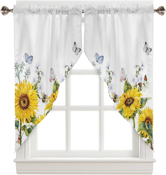Floral Swag Valance Curtains Sunflower Butterfly Park Rod Pocket Kitchen Curtains Scalloped Window Treatment Valances Swag Curtains for Living Room, 1 Pair, 28" W X 36" L