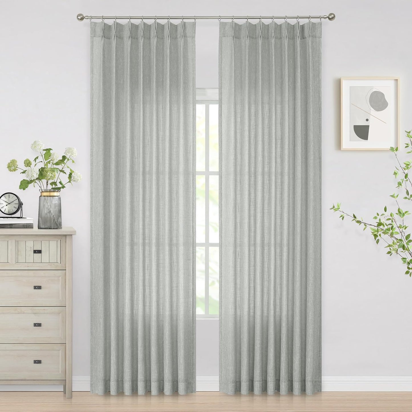 Vision Home Natural Pinch Pleated Semi Sheer Curtains Textured Linen Blended Light Filtering Window Curtains 84 Inch for Living Room Bedroom Pinch Pleat Drapes with Hooks 2 Panels 42" Wx84 L  Vision Home Light Grey/Pinch 40"X95"X2 