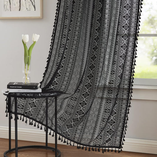 Black Boho Linen Textured Tassel Sheer Lace Curtains, Chic Crochet Geometry Knitting Rod Pocket Window Drapes for Living Room Bedroom, 2 Panels,84" L X 40" W  Ronaldecor Black 40X95 