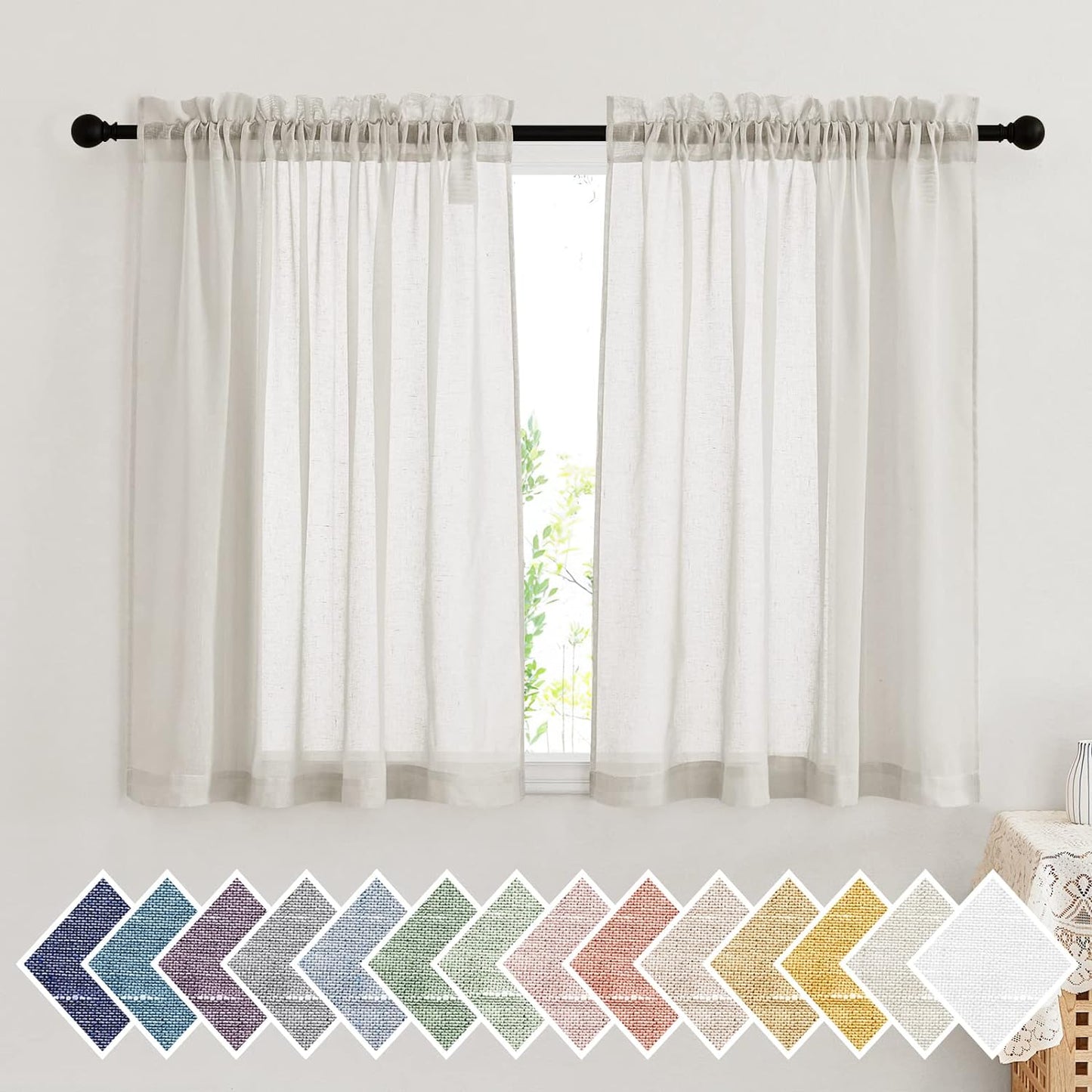 NICETOWN Semi Sheer White Curtains 84 Inch Long, Rod Pocket Sheer Linen Curtains & Drapes Balance Privacy & Light Panels for Bedroom/Living Room, W52 X L84, 2 Panels  NICETOWN Natural W52 X L45 