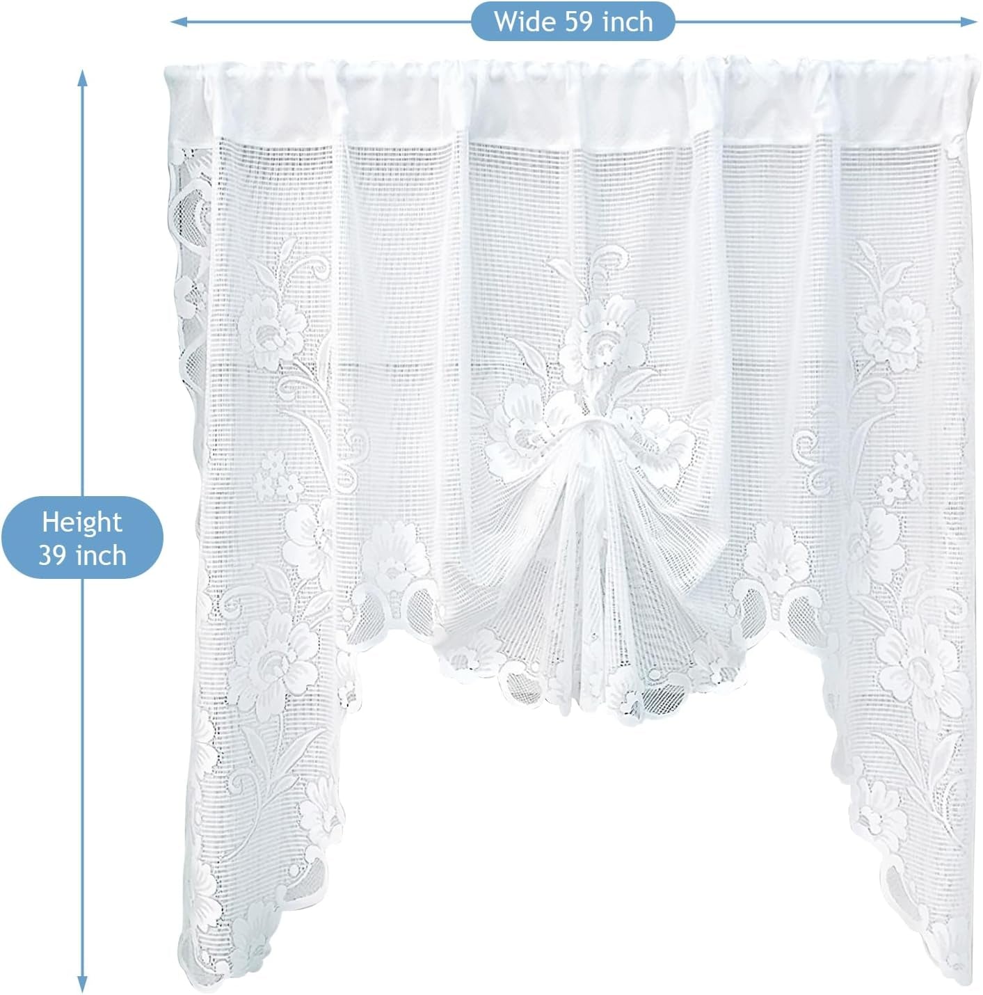 2 Panel White Lace Swag Valance for Window, Floral Sheer Swag Valances for Kitchen and Dining Room Decoration (Size W59 L39 Inch)