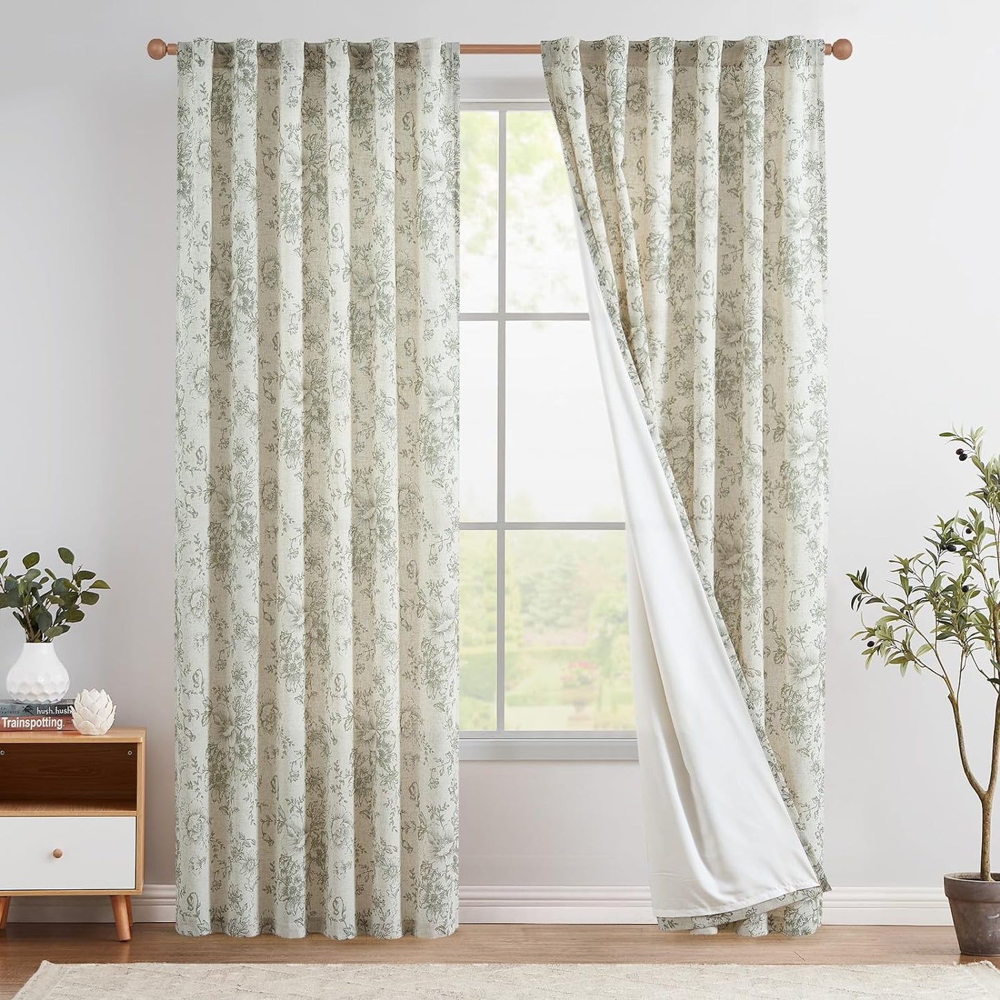 Jinchan Linen Curtains Floral Curtains for Living Room 84 Inch Length Black Printed Curtains Rod Pocket Back Tab Farmhouse Peony Flower Patterned Drapes Bedroom Window Curtain Set 2 Panels  CKNY HOME FASHION Lined Flower Green 50"W X 90"L 