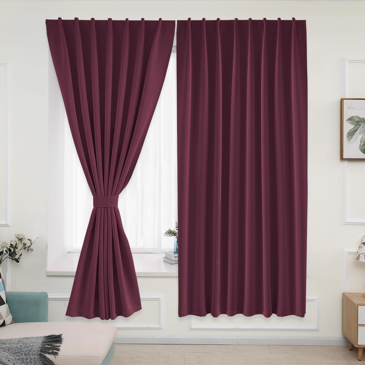 Muamar 2Pcs Blackout Curtains Privacy Curtains 63 Inch Length Window Curtains,Easy Install Thermal Insulated Window Shades,Stick Curtains No Rods, Black 42" W X 63" L  Muamar Wine 52"W X 84"L 