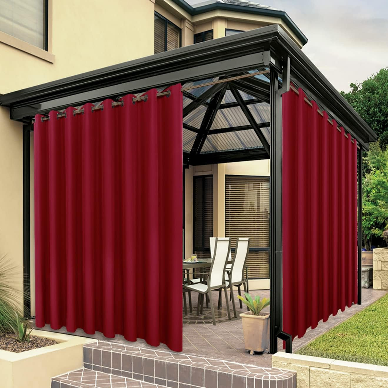 BONZER Outdoor Curtains for Patio Waterproof, Premium Thick Privacy Weatherproof Grommet outside Curtains for Porch, Gazebo, Deck, 1 Panel, 54W X 84L Inch, White  BONZER Red 110W X 108L Inch 