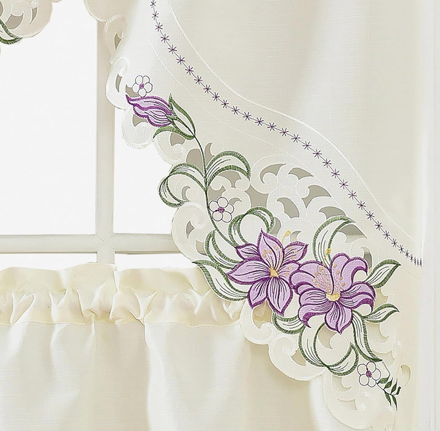 GOHD Lily Fragrance. 3Pcs Multi-Color Embroidery Kitchen Cafe Curtain Set Swag and Tiers Set with Cutworks. (Burgundy)
