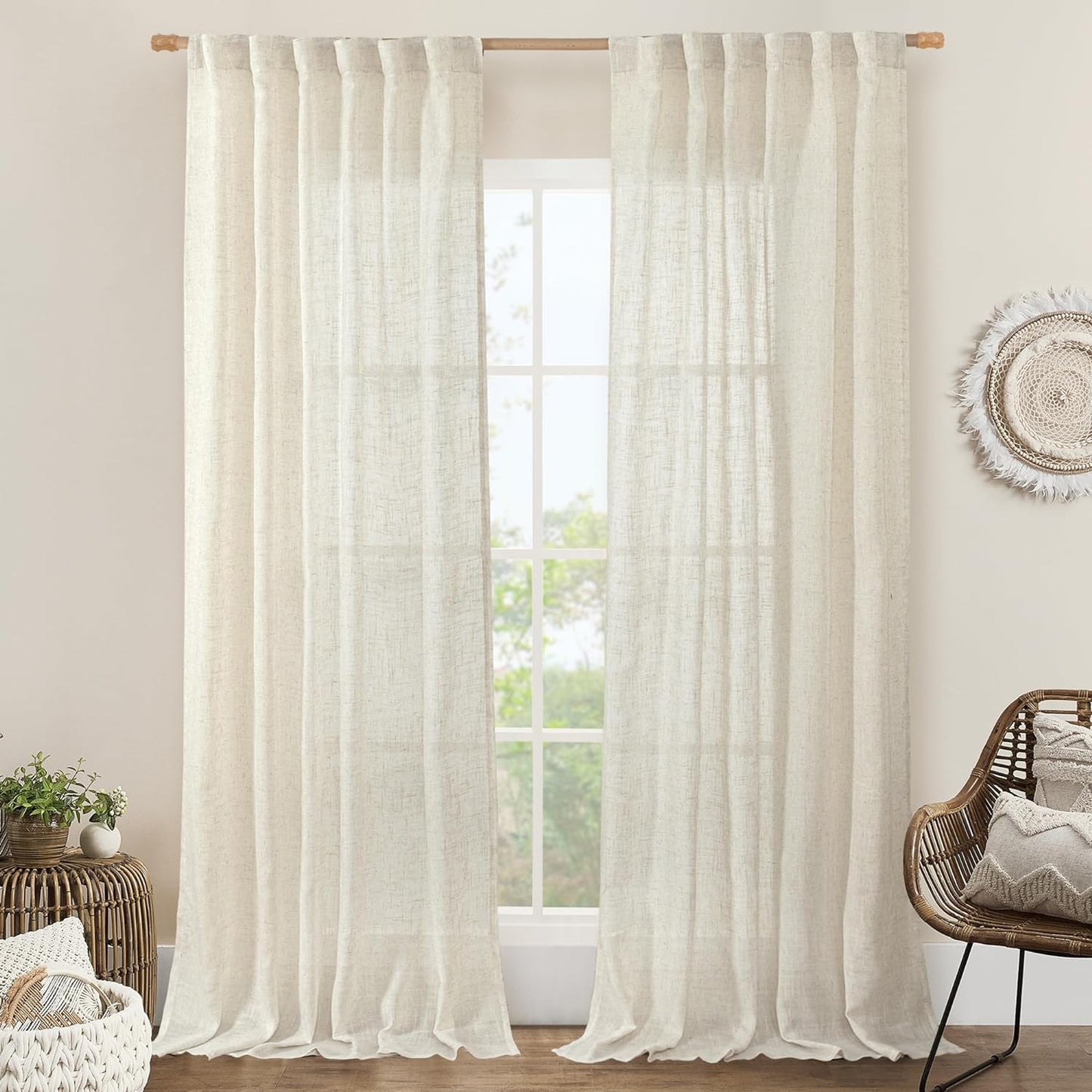 LAMIT Natural Linen Blended Curtains for Living Room, Back Tab and Rod Pocket Semi Sheer Curtains Light Filtering Country Rustic Drapes for Bedroom/Farmhouse, 2 Panels,52 X 108 Inch, Linen  LAMIT Natural 52W X 102L 
