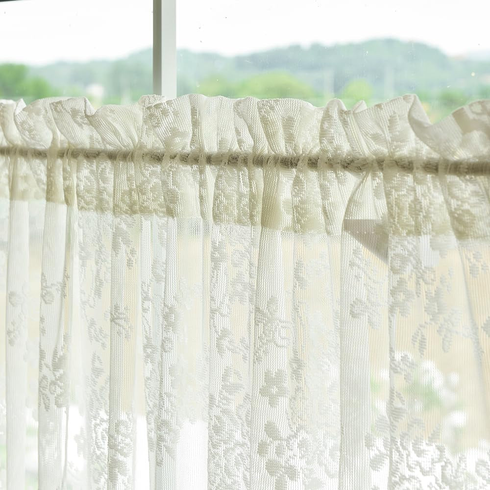 TUDECO Lace Front Curtains for Kitchen Door 40 Inch Long 2 Panles - Privacy Small Door Window Curtains, Light Filtering Half Sheer French Door Curtains with 2 Tieback W40 X L40 Ivory  TUDECO   