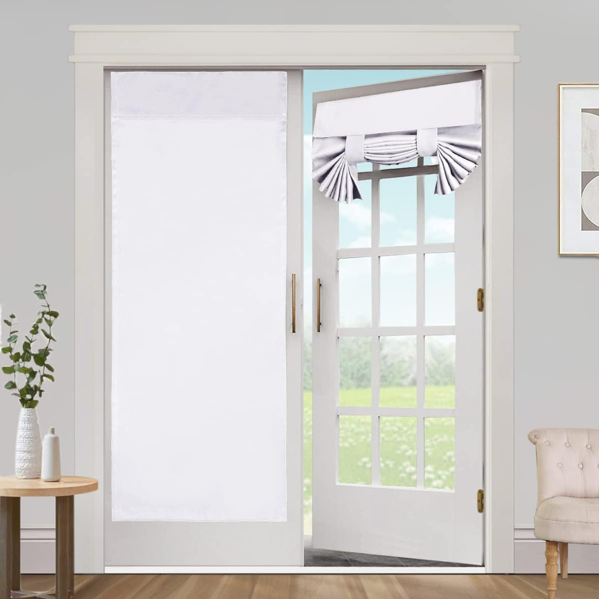 Blackout Curtains for French Doors - Thermal Insulated Tricia Door Window Curtain for Patio Door, Self Stick Tie up Shade Energy Efficient Double Door Blind, 26 X 68 Inches, 1 Panel, Sage  L.VICTEX Greyish White 2 