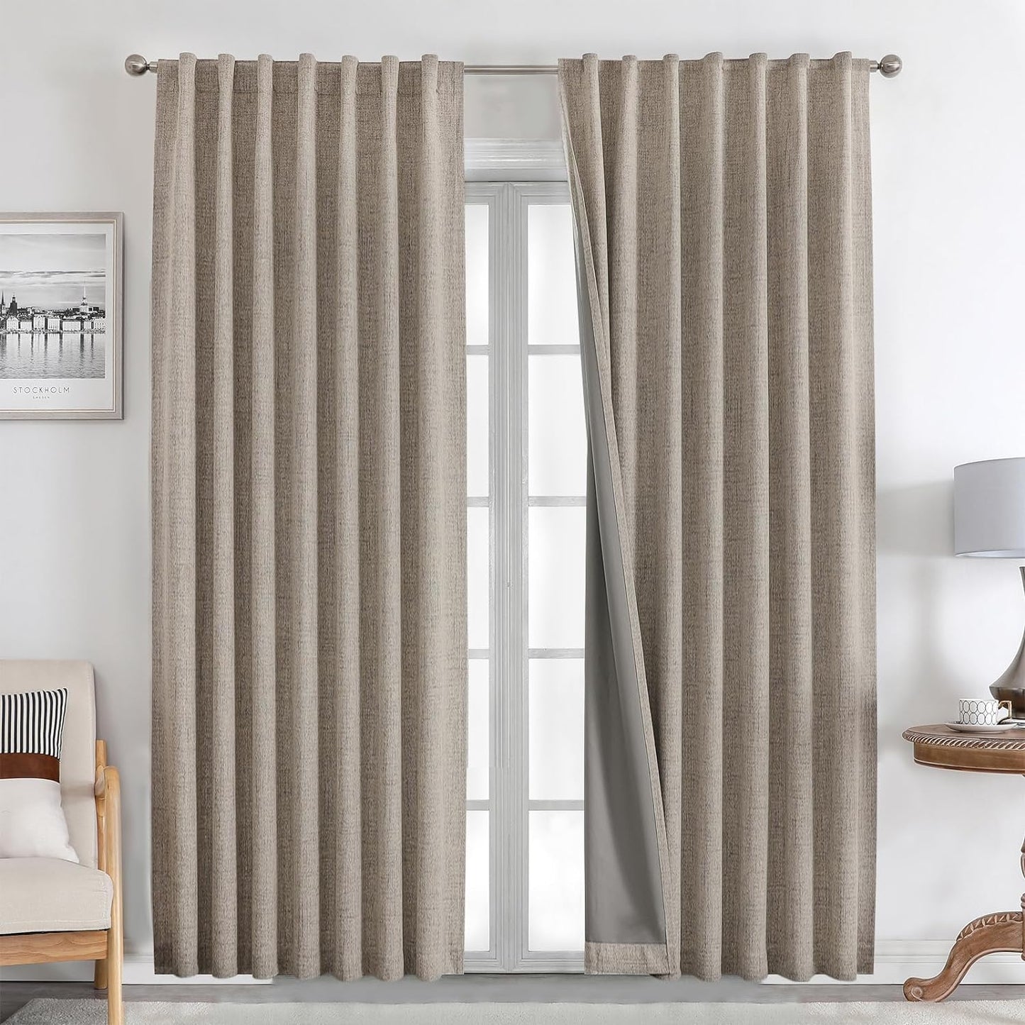 Joydeco Blackout Linen Curtains 96 Inches Long 100% Blackout Drapes 95 Inch Length 2 Panels Set for Bedroom Living Room Darkening Curtain Thermal Insulated Backtab Rodpocket(52X96Inch Linen)  Joydeco Linen 52W X 84L Inch X 2 Panels 