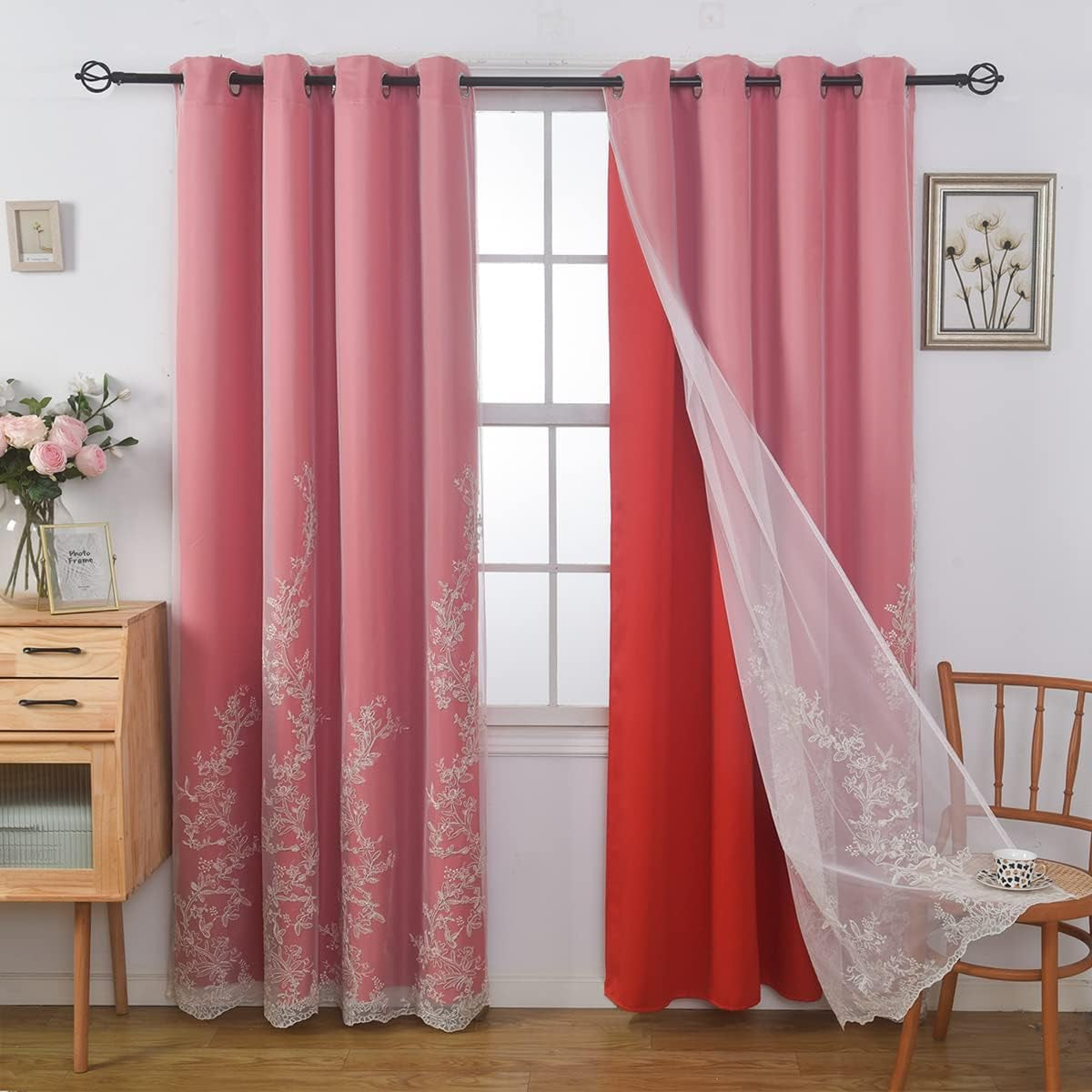 GYROHOME Double Layered Curtains with Embroidered White Sheer Tulle, Mix and Match Curtains Room Darkening Grommet Top Thermal Insulated Drapes,2Panels,52X84Inch,Beige  GYROHOME Red 52Wx63Lx2 