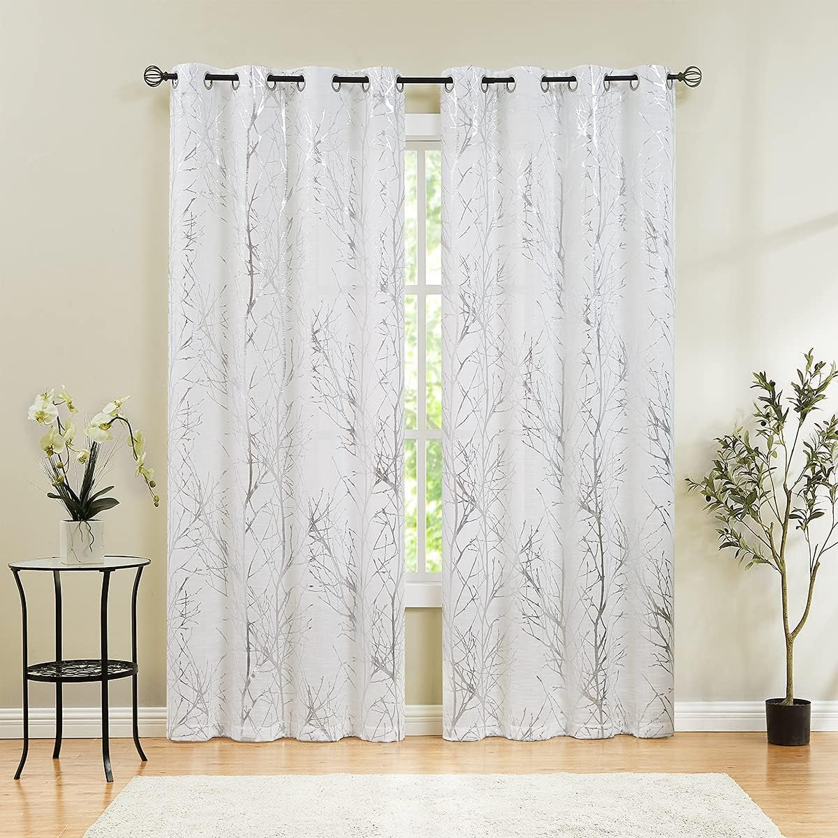 FMFUNCTEX Blue White Curtains for Kitchen Living Room 72“ Grey Tree Branches Print Curtain Set for Small Windows Linen Textured Semi-Sheer Drapes for Bedroom Grommet Top, 2 Panels  Fmfunctex Semi-Sheer: White + Foil Silver 50" X 84" |2Pcs 