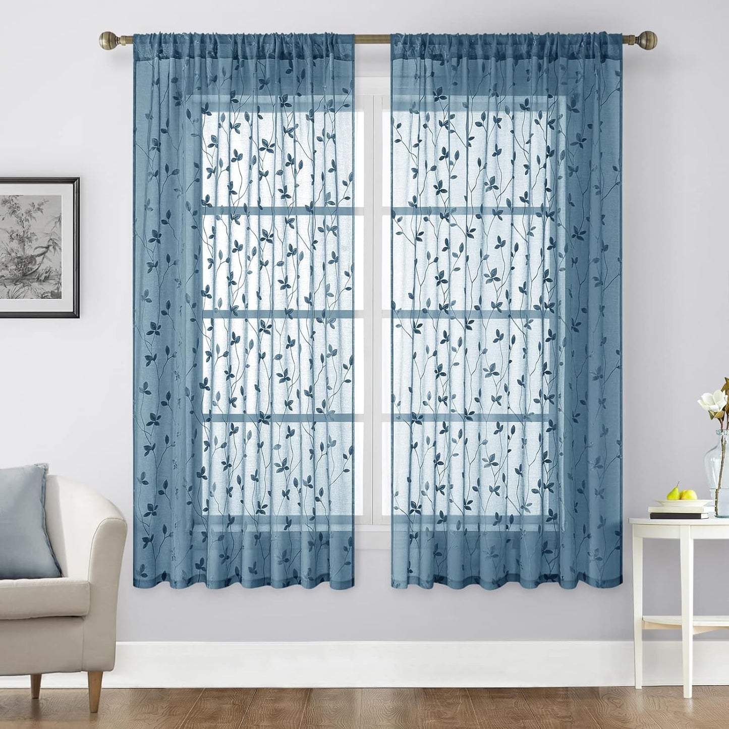 HOMEIDEAS Sage Green Sheer Curtains 52 X 63 Inches Length 2 Panels Embroidered Leaf Pattern Pocket Faux Linen Floral Semi Sheer Voile Window Curtains/Drapes for Bedroom Living Room  HOMEIDEAS Cyan Blue W52" X L63" 