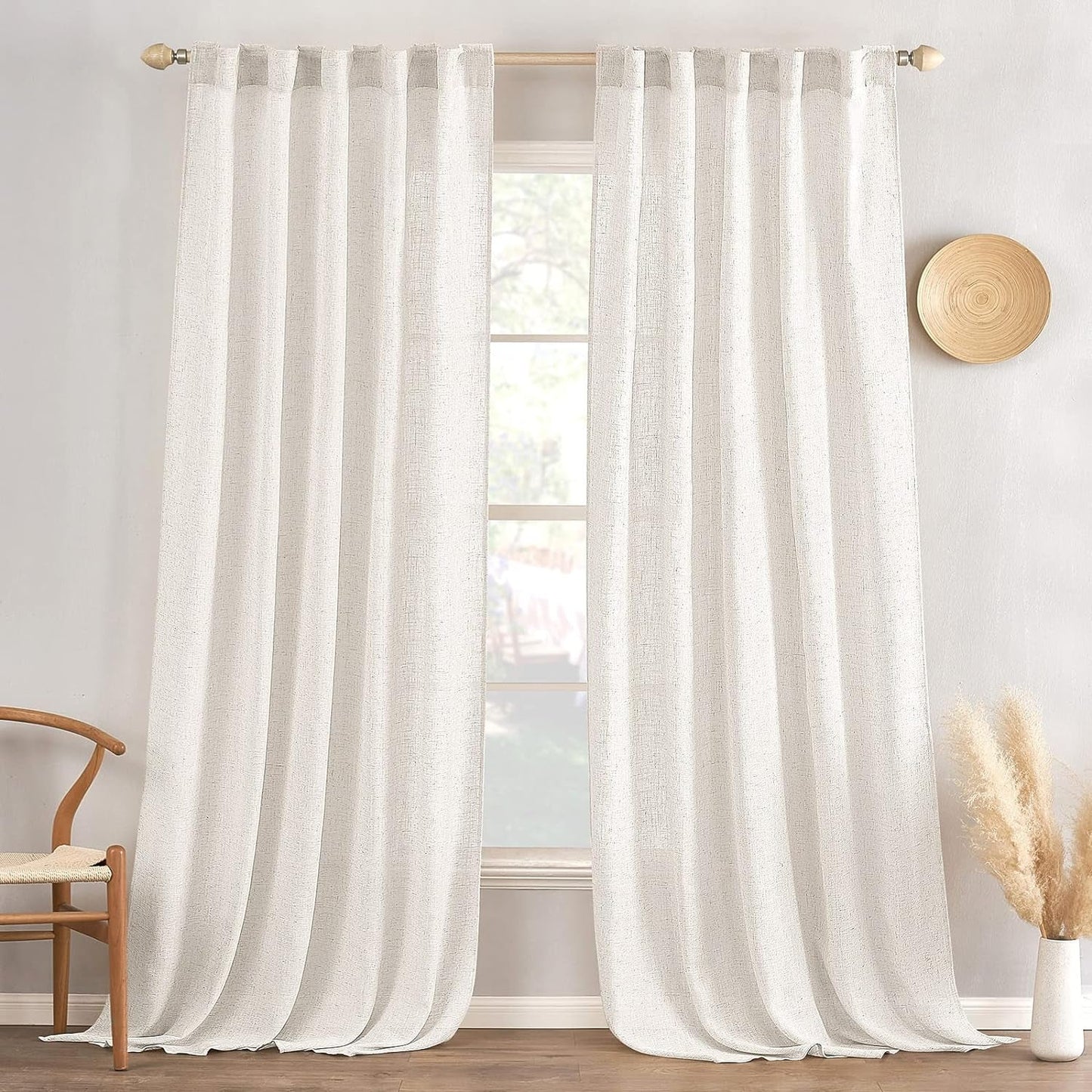 Natural Linen Cream White Curtains 84 Inches Long Rod Pocket/Back Tab Semi Sheer Drapes for Living Room Linen Textured Window Draperies Light Filtering Rustic Boho Decor 2 Panels,52X84 Inch
