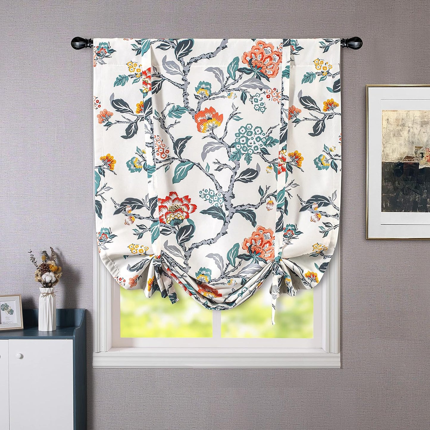 Driftaway Ada Botanical Print Lined Flower Leaf Tie up Curtain Thermal Insulated Privacy Blackout Window Adjustable Balloon Curtain Shade Rod Pocket Single 39 Inch by 55 Inch Ivory Orange Teal  DriftAway   