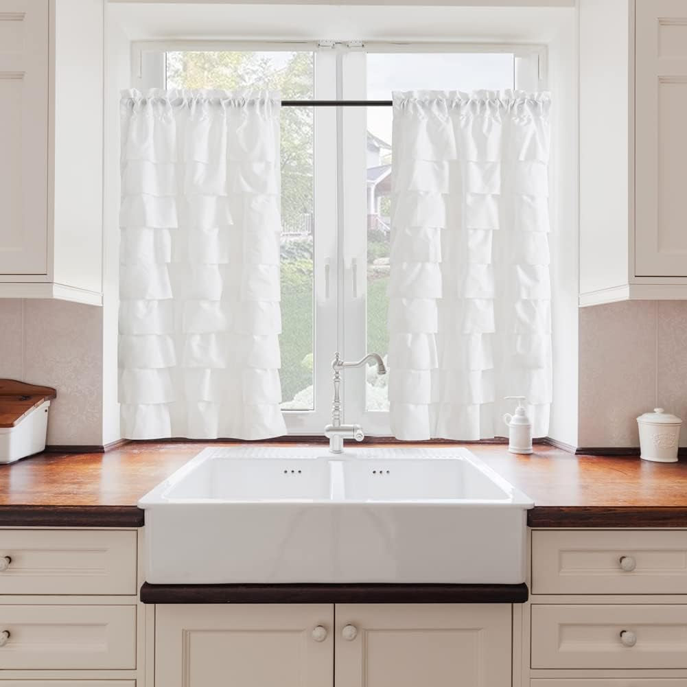 White Ruffle Kitchen Window Curtains-Small Windows Curtain for Bathroom, 45 Inch Length Sets Short Cafe Panels (Set of 2)  WestWeir Design   