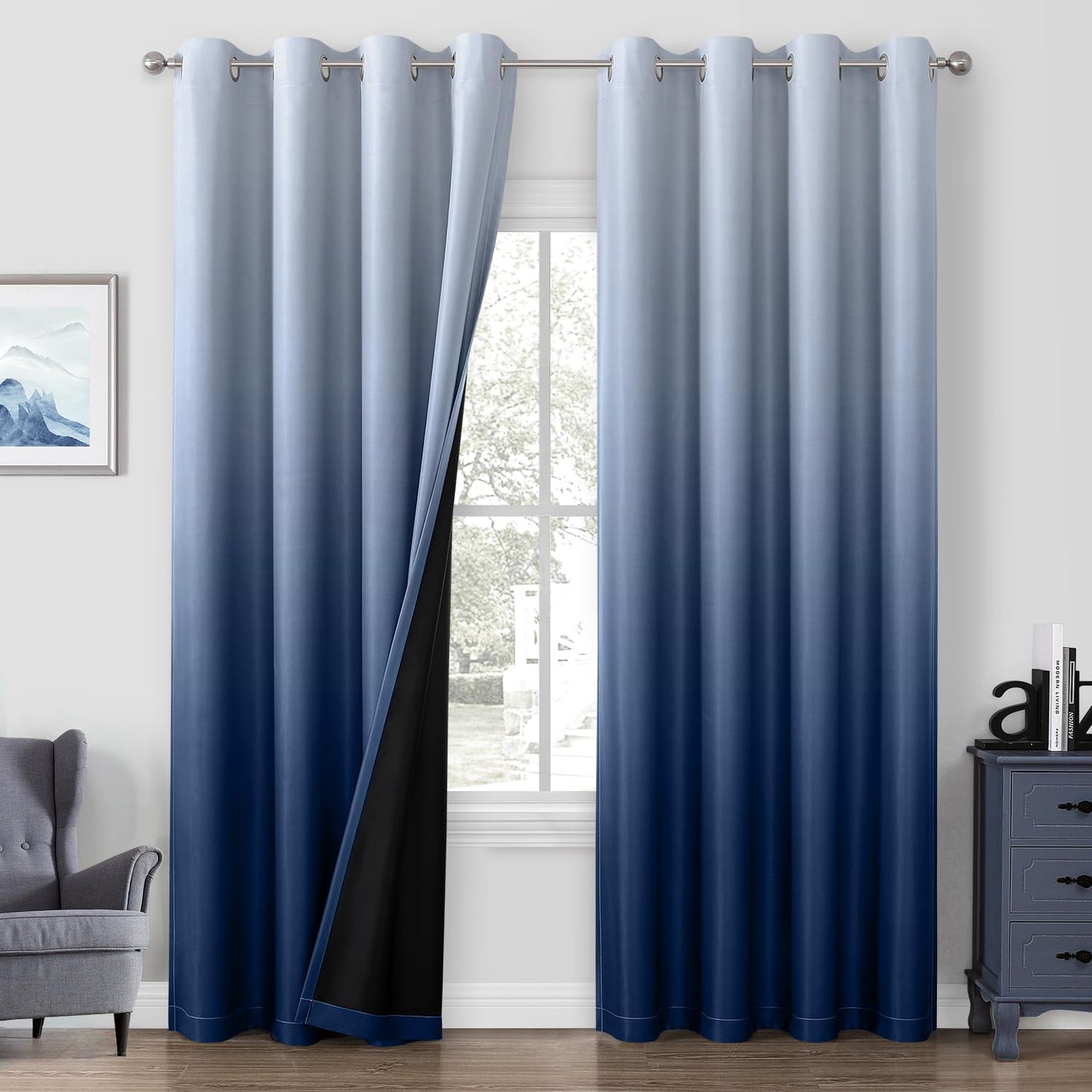 HOMEIDEAS 100% Black Ombre Blackout Curtains for Bedroom, Room Darkening Curtains 52 X 84 Inches Long Grommet Gradient Drapes, Light Blocking Thermal Insulated Curtains for Living Room, 2 Panels  HOMEIDEAS Navy Blue 2 Panel-52" X 96" 