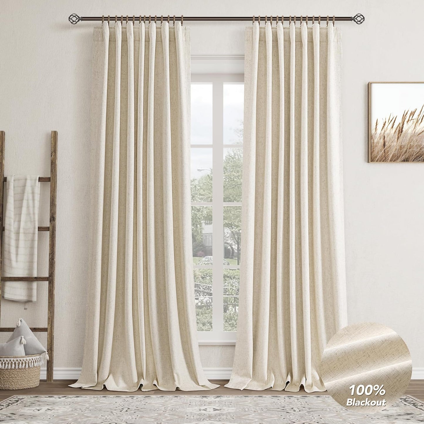 Cream Linen Black Out Curtains 80 Inch Length for Bedroom 2 Panel Set Back Tab Pocket Natural Room Darkening Window Blackout Curtains Modern Boho Thermal Insulated Drapes for Living Room 52X80  Nanspring Household Linen 52"W X 100"L 