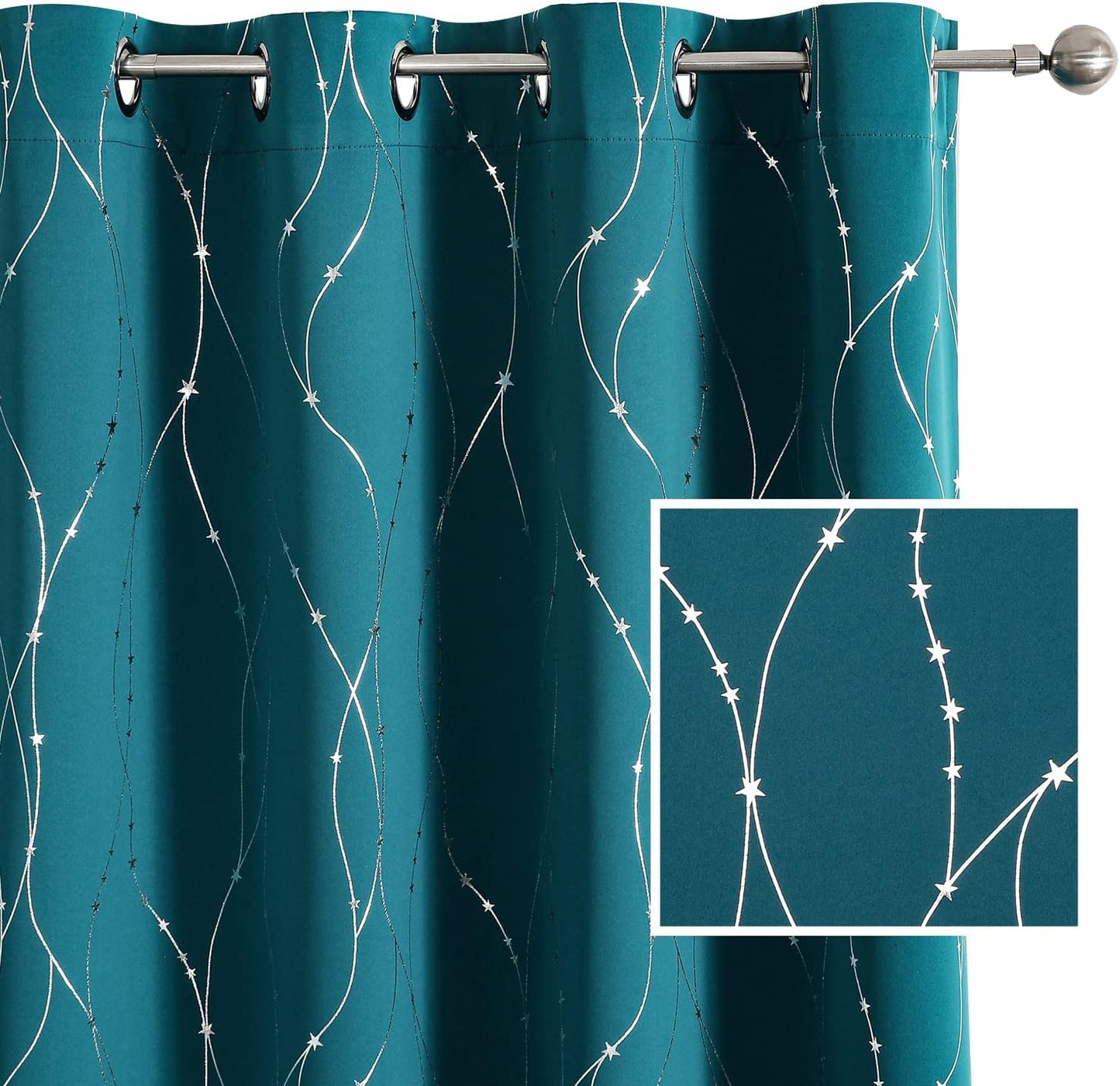 SMILE WEAVER Black Blackout Curtains for Bedroom 72 Inch Long 2 Panels,Room Darkening Curtain with Gold Print Design Noise Reducing Thermal Insulated Window Treatment Drapes for Living Room  SMILE WEAVER Peacock Blue Silver 52Wx96L 