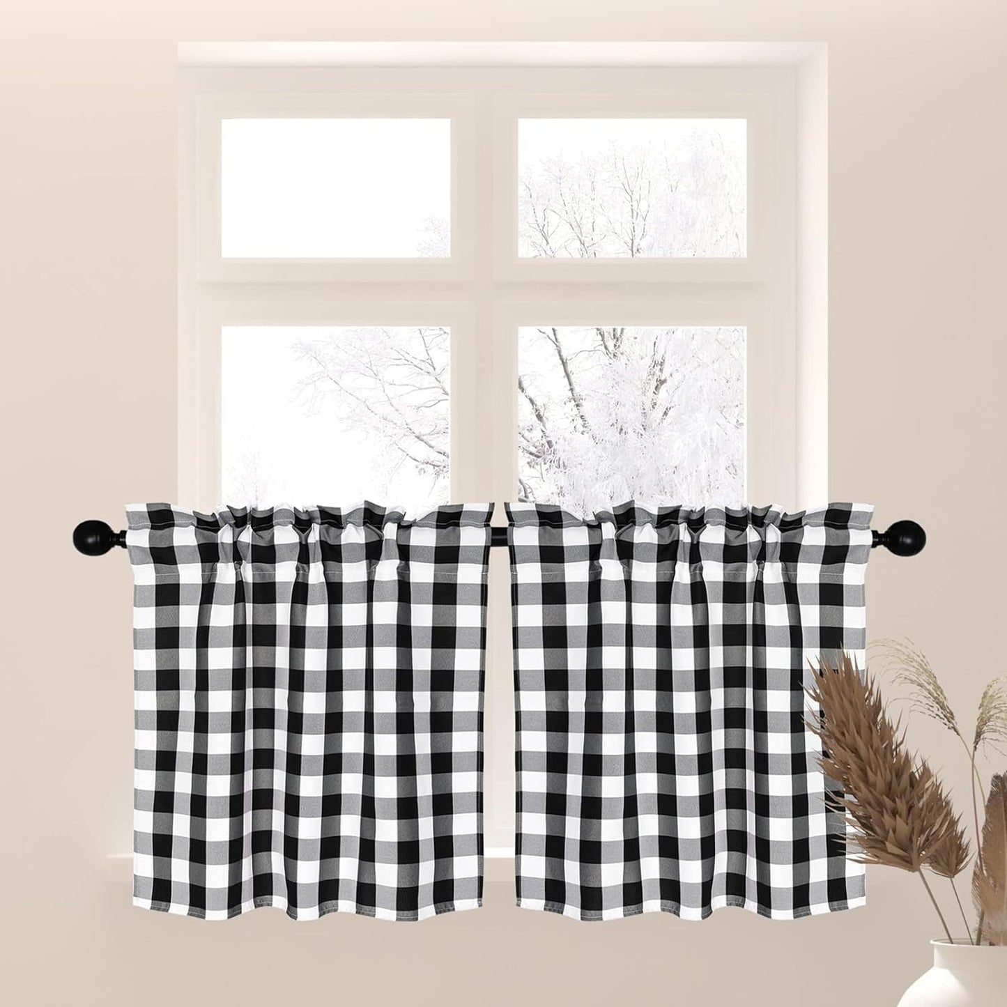 2 Pcs Buffalo Check Swag Curtains 36 Inches Length Rod Pocket Half Small Cafe Window Curtains Farmhouse Plaid Gingham Swag Valance Kitchen Curtains, Black/White, 28X36 Inches