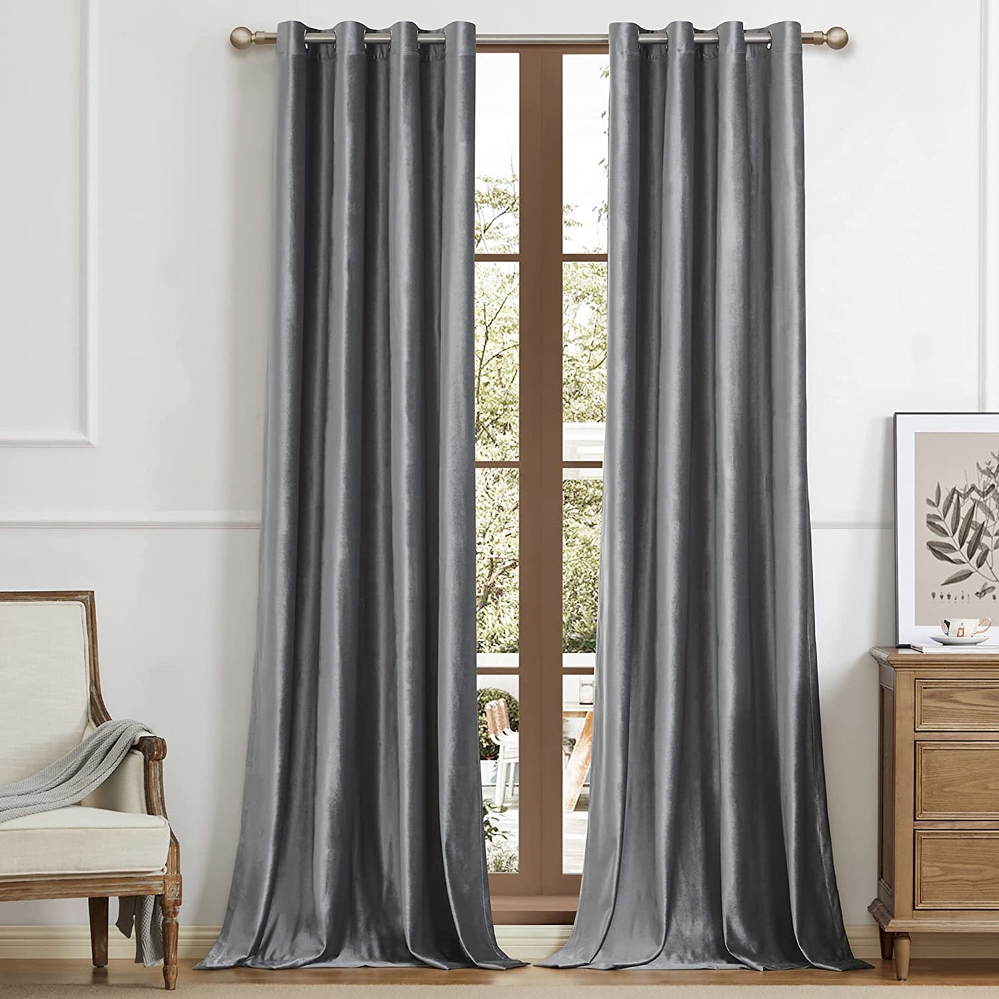 BULBUL Living Room Velvet Window Curtains 84 Inch Length- 2 Panels Hot Pink Blackout Window Drapes Curtains Thermal Insulated Room Darkening Decor Grommet Curtains for Bedroom  BULBUL Dark Grey 52"W X 108"L 