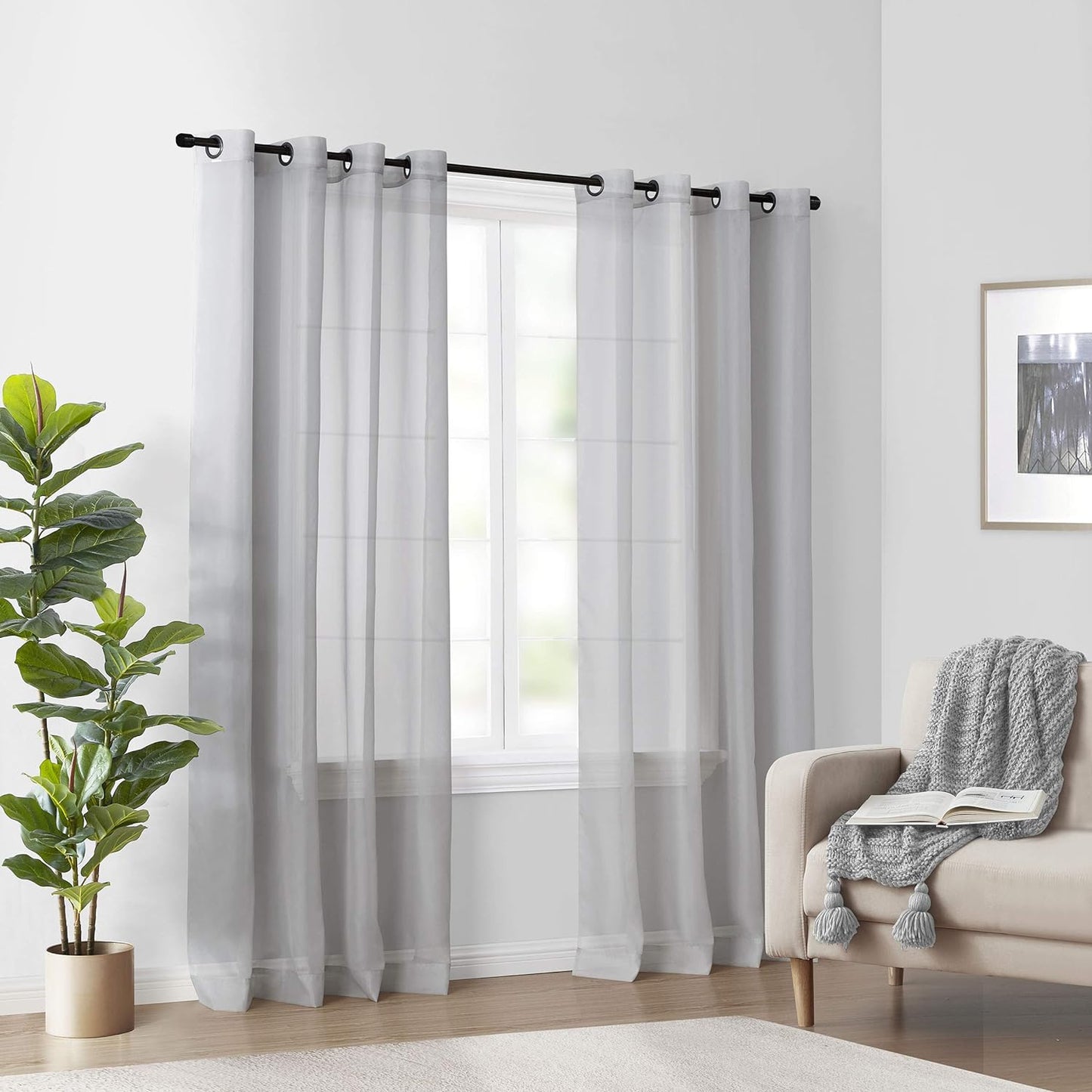 Odor Neutralizing Sheer Voile Grommet Window Curtain for Bedroom or Living Room (1 Panel), 59 in X 63 In, White  Curtain Fresh Light Grey 59 In X 63 In 