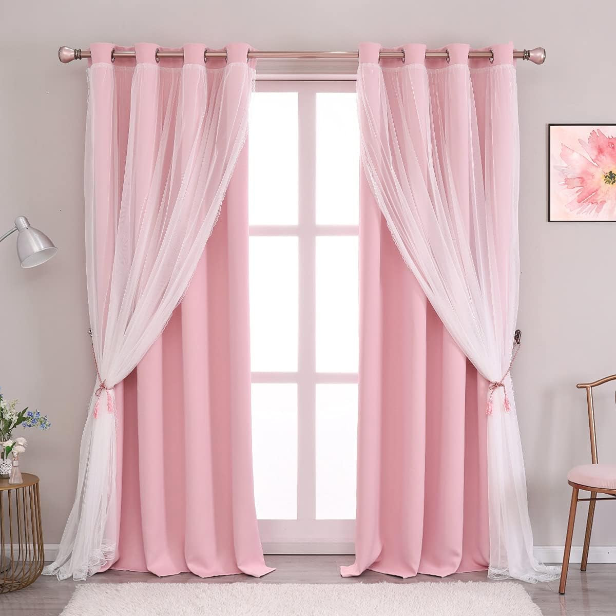Pink Blackout Curtains 84 Inch Length - Double Layers Princess Girls Curtains & Draperies Panels for Kids Bedroom Living Room Nursery Pink Lace Hem Room Darkening Curtains, 2 Pcs  SOFJAGETQ Pink 52 X 108 