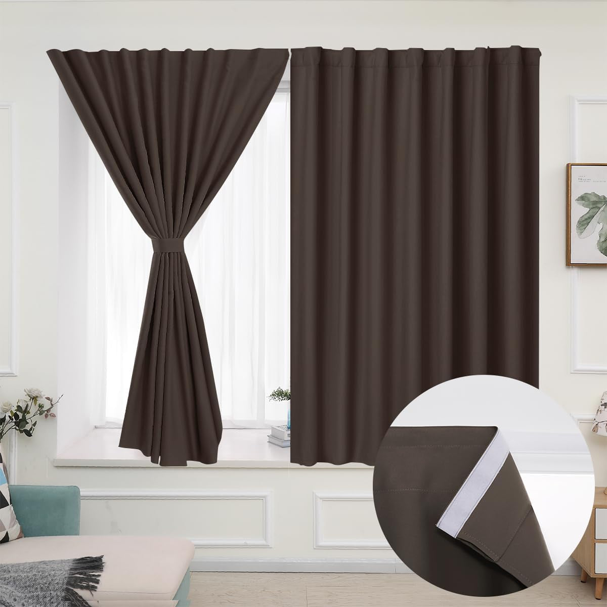 Muamar 2Pcs Blackout Curtains Privacy Curtains 63 Inch Length Window Curtains,Easy Install Thermal Insulated Window Shades,Stick Curtains No Rods, Black 42" W X 63" L  Muamar Coffee 42"W X 63"L 