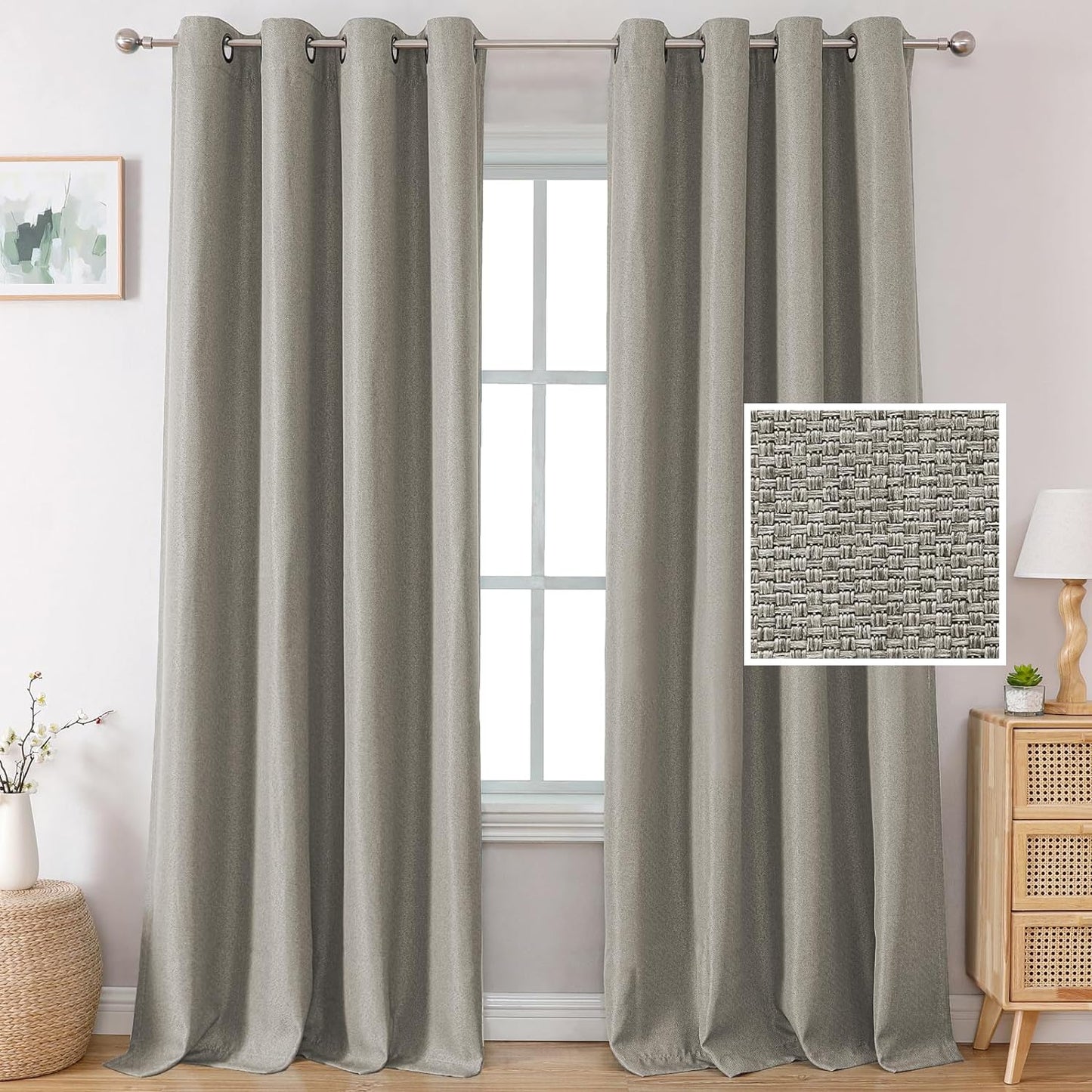 H.VERSAILTEX Linen Blackout Curtains 84 Inches Long Thermal Insulated Room Darkening Linen Curtains for Bedroom Textured Burlap Grommet Window Curtains for Living Room, Bluestone and Taupe, 2 Panels  H.VERSAILTEX Taupe 52"W X 96"L 