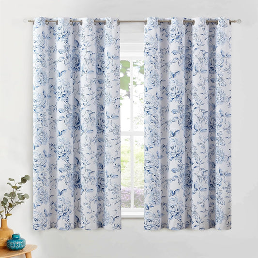 Beauoop Full Blackout Window Curtain Panels Floral Botanical Print Room Darkening Thermal Insulated Drapes Rose Grommet Window Treatment for Bedroom Theatre Office, 52 X 63 Inch, White/Blue, 2 Panels  Beauoop Blue 50"X63"X2 
