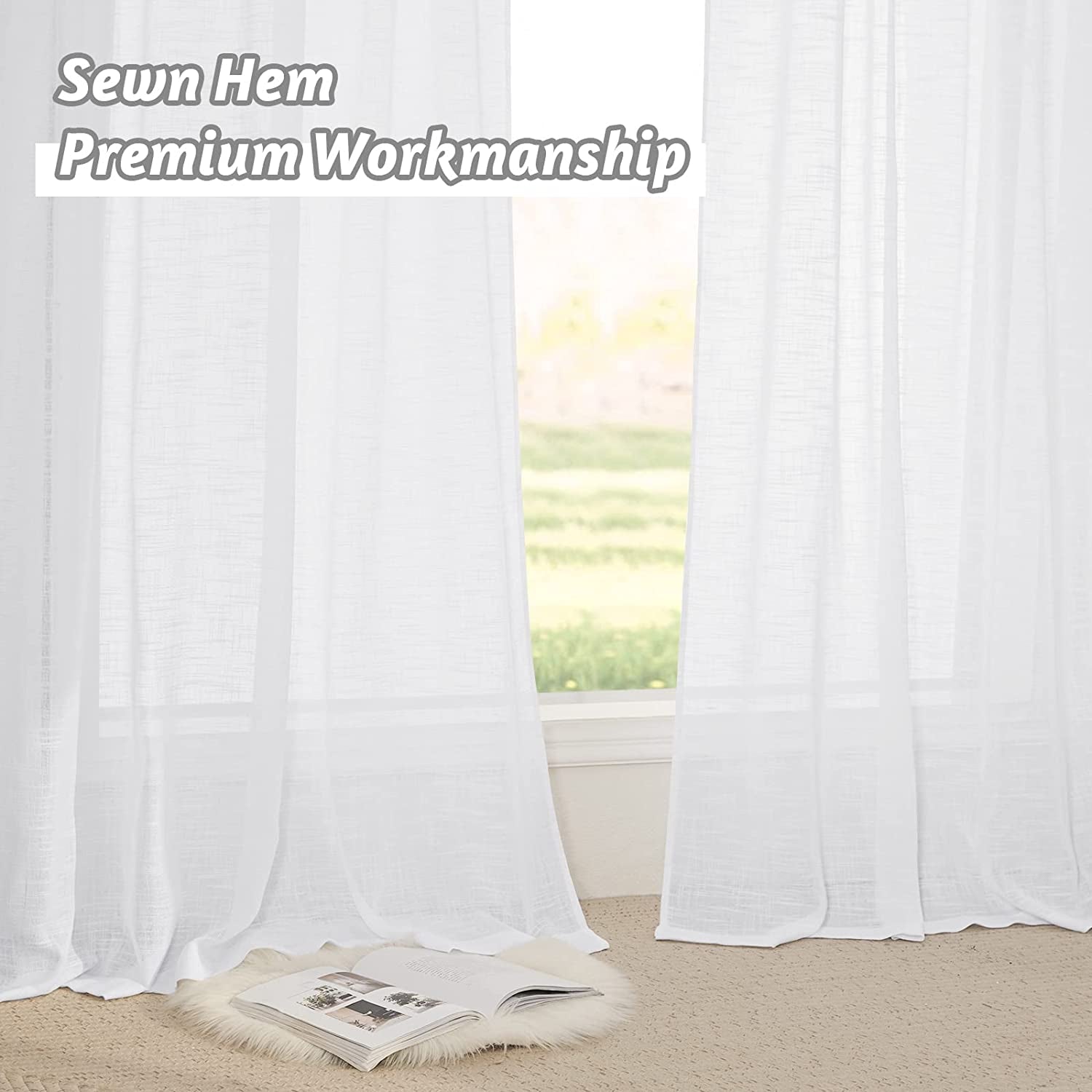 RYB HOME White Curtains & Drapes - Linen Textured Semi Sheer Curtains Privacy Panels for Living Room Bedroom Dining Bathroom Farmhouse Large Bay Window Decor, W 70 X L 95, 2 Pcs  RYB HOME   