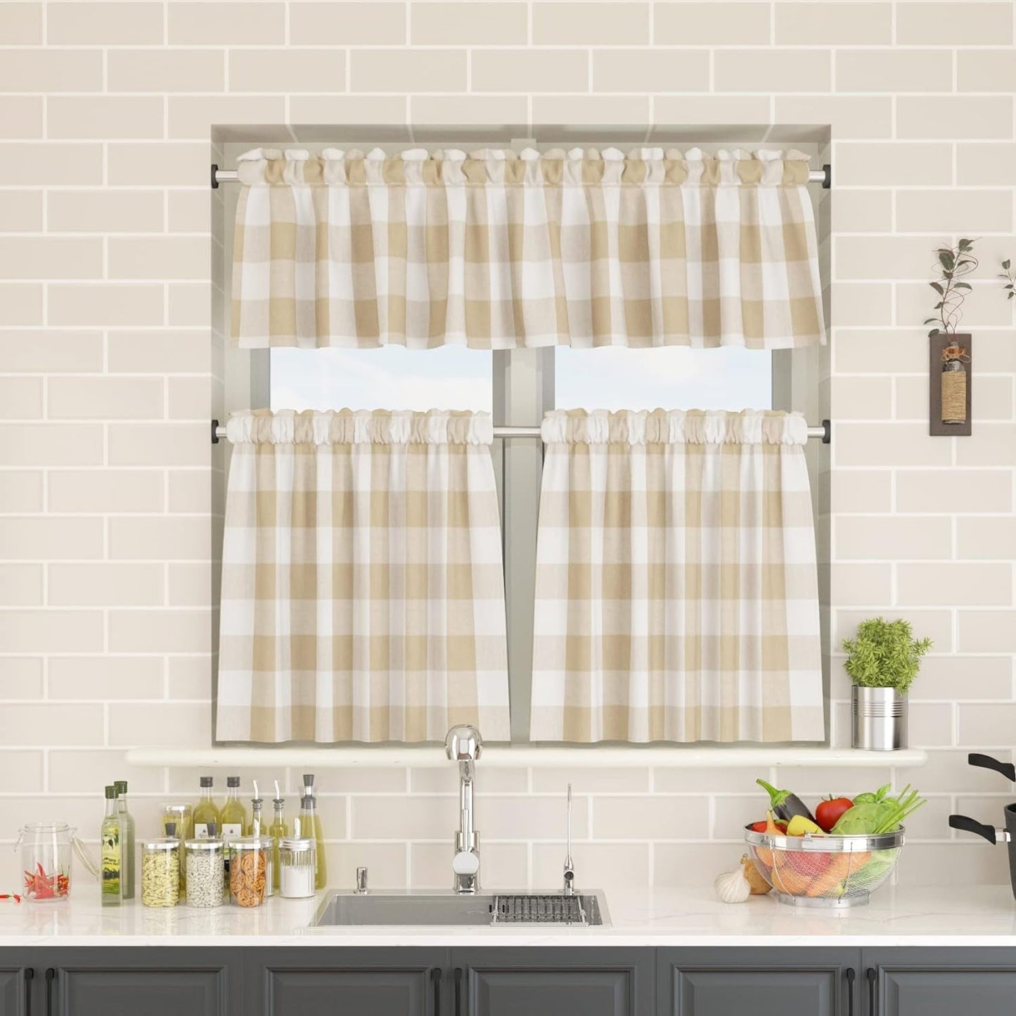 2 Pack Buffalo Check Valances Gingham Plaid Window Treatment Living Room 18 Inches Long Classic Bedroom Bathroom Rod Pocket Country Farmhouse Kitchen Window Curtain Valances - 54"X18" Beige & White