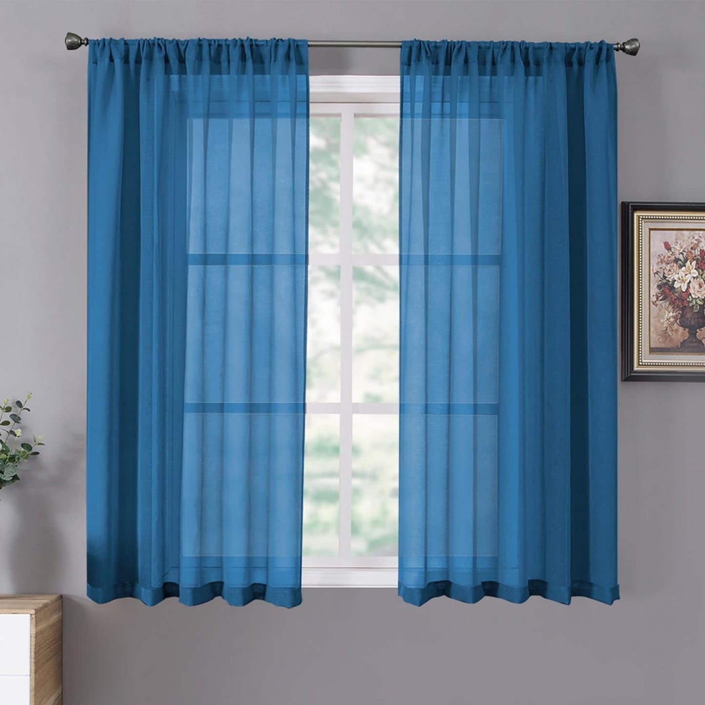 Tollpiz Short Sheer Curtains Linen Textured Bedroom Curtain Sheers Light Filtering Rod Pocket Voile Curtains for Living Room, 54 X 45 Inches Long, White, Set of 2 Panels  Tollpiz Tex Classic Blue 38"W X 45"L 