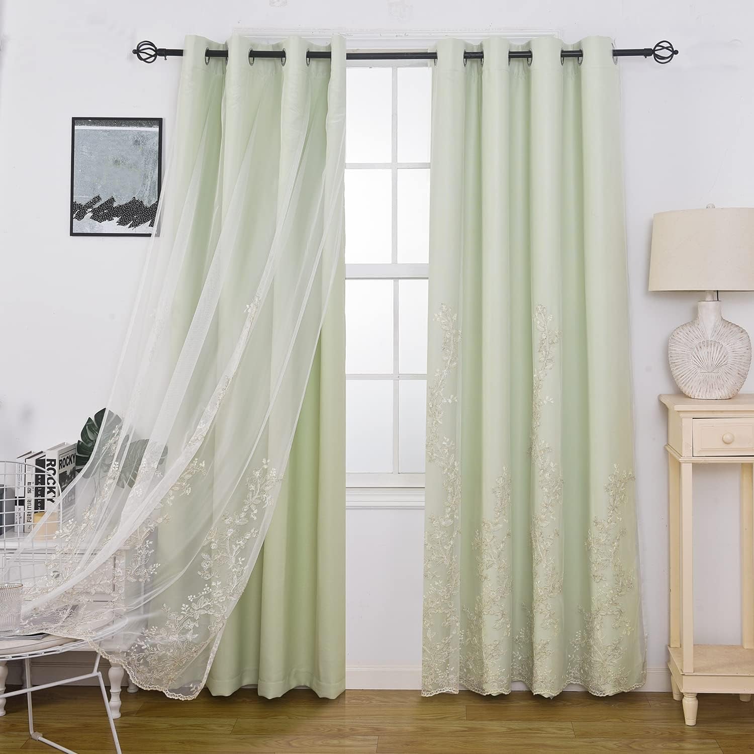GYROHOME Double Layered Curtains with Embroidered White Sheer Tulle, Mix and Match Curtains Room Darkening Grommet Top Thermal Insulated Drapes,2Panels,52X84Inch,Beige  GYROHOME Sage Green 52Wx63Lx2 