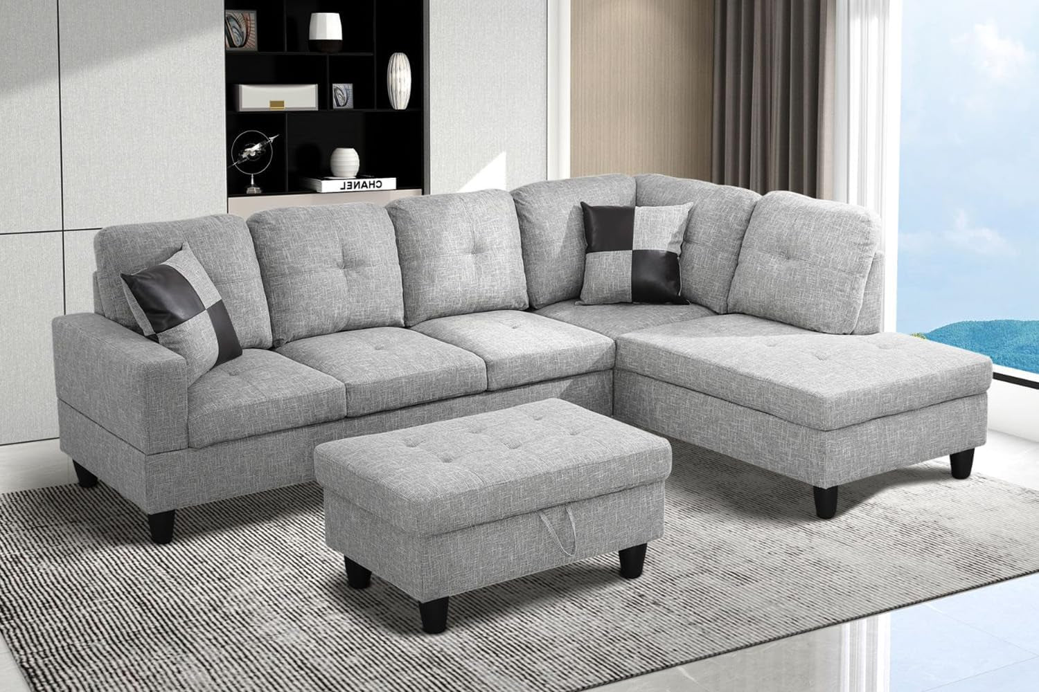 Grey Linen Sectional Couch for Living Room Set, 105 Inch Sectional Sofa L Shaped Couch with Storage Ottoman/Gray Linen Fabric/Facing Left Chaise