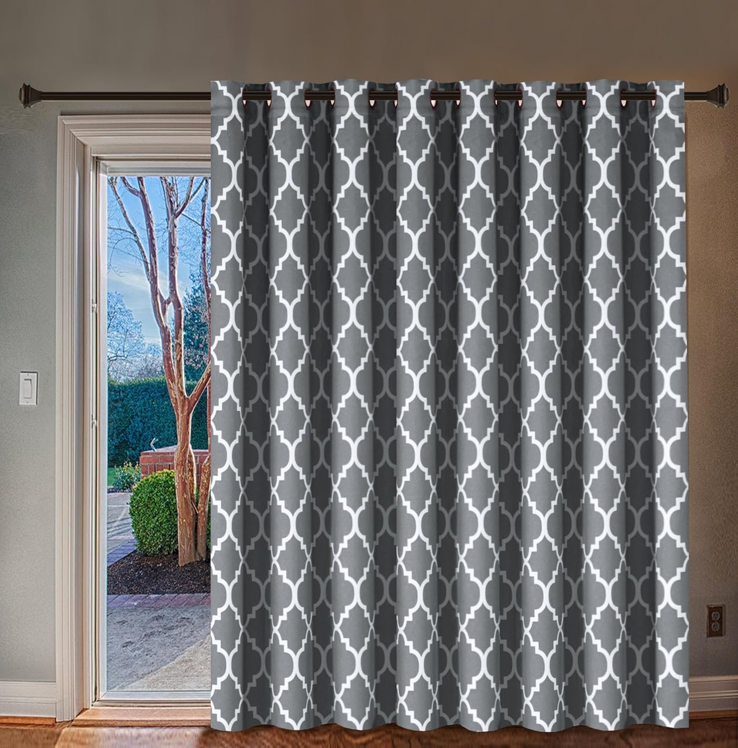 H.VERSAILTEX Extra Wide Blackout Curtain 100X84 Inches Thermal Insulated Curtain for Sliding Glass Door -Grommet Top Patio Door Curtain - Moroccan Tile Quatrefoil Pattern, Dove and White  H.VERSAILTEX Grey  White 100"W X 84"L 