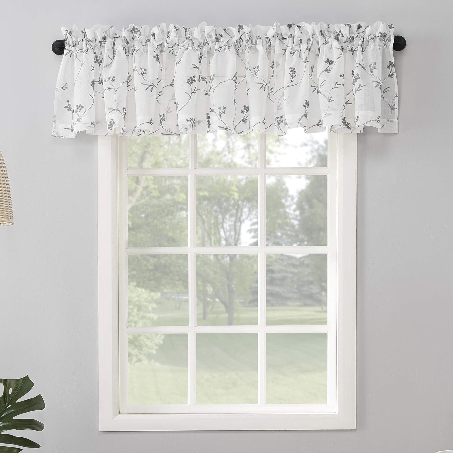 No. 918 Delia Embroidered Floral Sheer Rod Pocket Curtain Valance, 50" X 17", Ivory Off-White