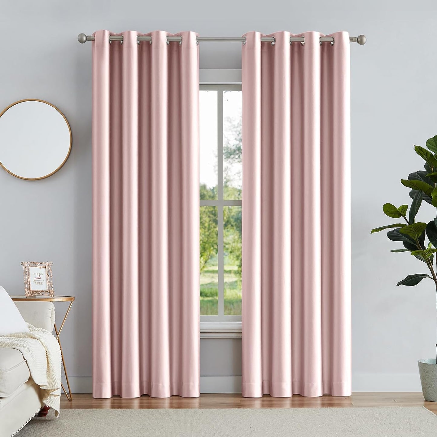 Melodieux Pink Blackout Curtains 84 Inches Long for Bedroom, Thermal Insulated Energy Saving Grommet Embossed Satin Drapes with Black Lining, 52 by 84 Inch, 2 Panels  Melodieux Light Pink 52"W X 63"L 