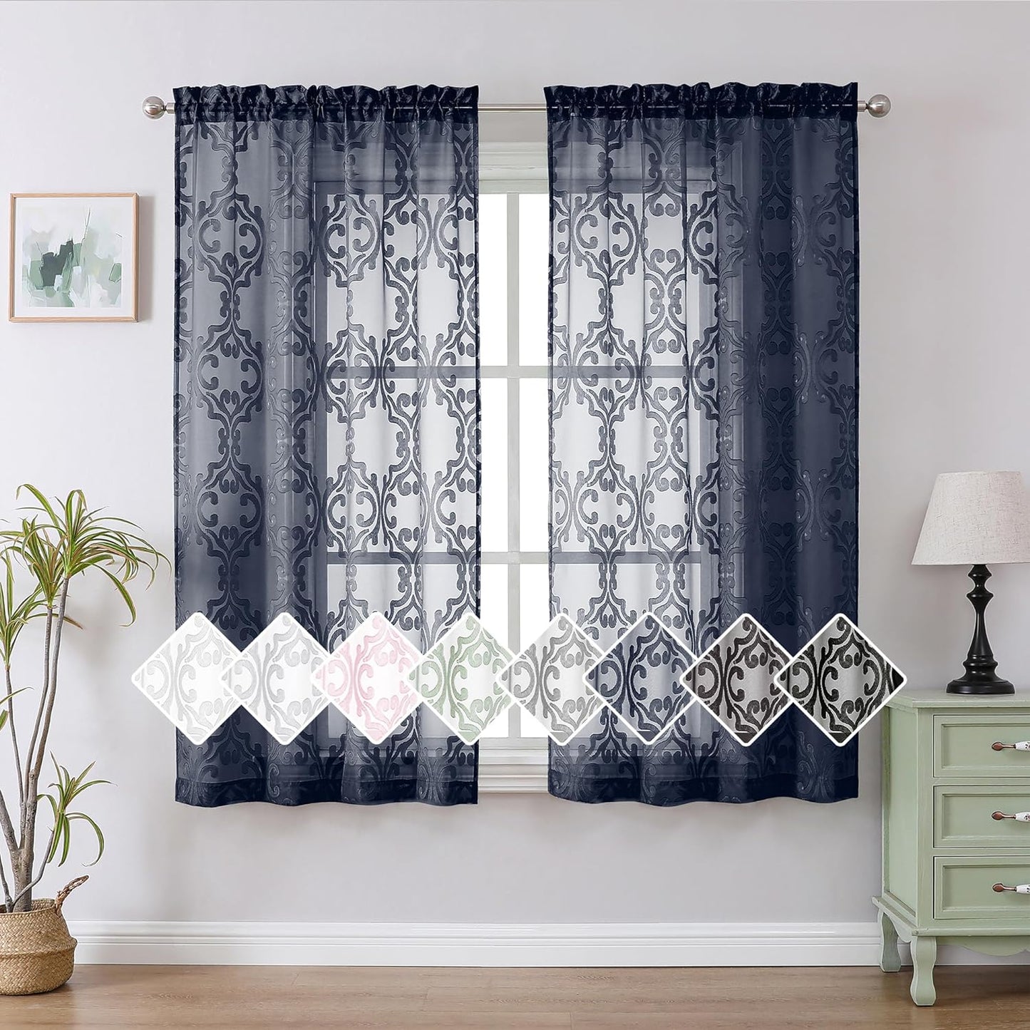 Aiyufeng Suri 2 Panels Sheer Sage Green Curtains 63 Inches Long, Light & Airy Privacy Textured Sheer Drapes, Dual Rod Pocket Voile Clipped Floral Luxury Panels for Bedroom Living Room, 42 X 63 Inch  Aiyufeng Navy Blue 2X42X63" 
