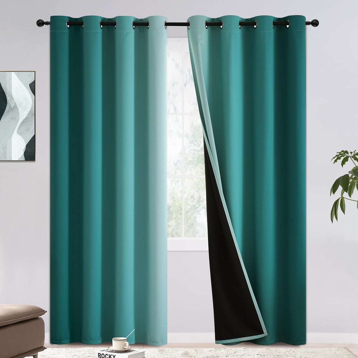 COSVIYA 100% Blackout Curtains & Drapes Ombre Purple Curtains 63 Inch Length 2 Panels,Full Room Darkening Grommet Gradient Insulated Thermal Window Curtains for Bedroom/Living Room,52X63 Inches  COSVIYA Teal To Greyish White 52W X 84L 