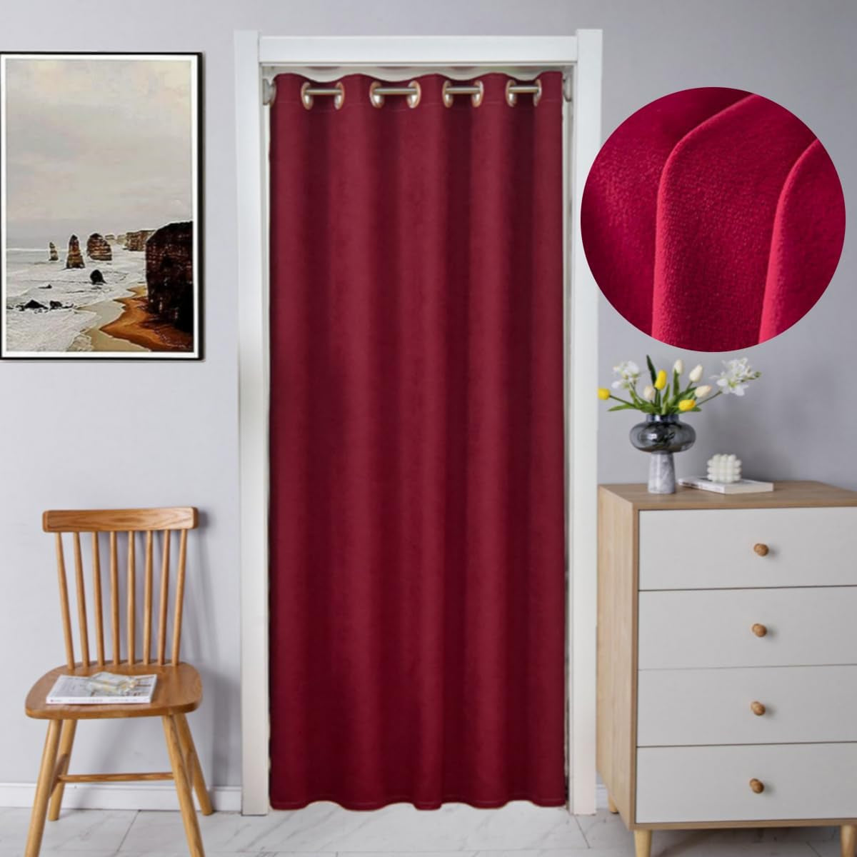 F-CHU Boho Door Curtains for Doorways Privacy,Room Divider Curtains, Insulated Curtains,1 Panel 47X79 Inch,Suitable for Door Width27-39Inch (NOT Include Rome Bar, Telescopic Rod)  F-CHU Burgundy Velvet W47 X L79Inch 